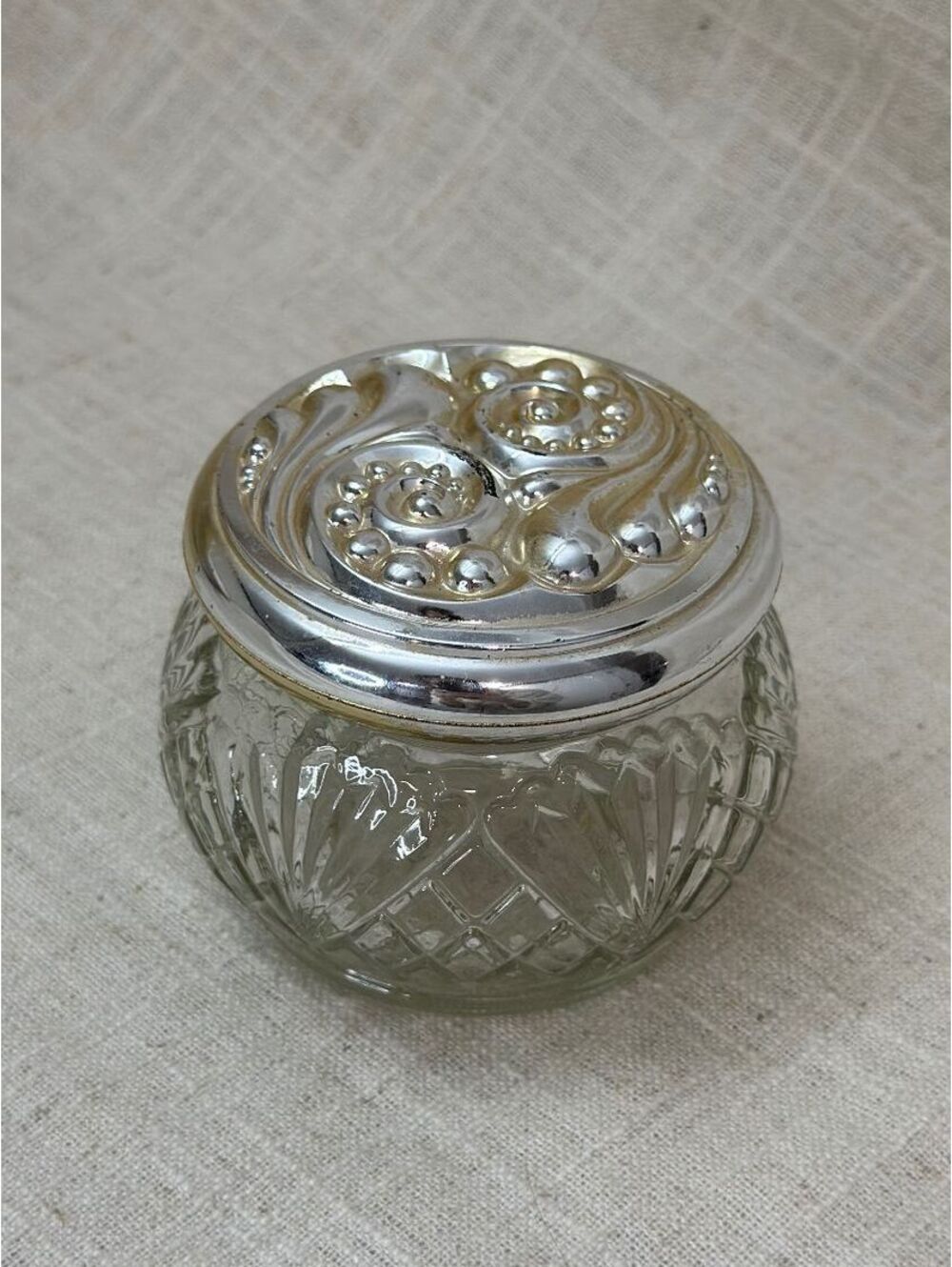 Vintage Avon Vanity Powder Cream Jar w/ Embossed Silvertone Lid Swirl Pattern